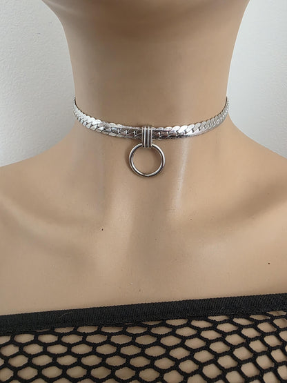 Mens Steel Chunky Collar O-Ring Pendant, Permanent Locking Option - 7mm Herringbone Chain Symbolic Necklace