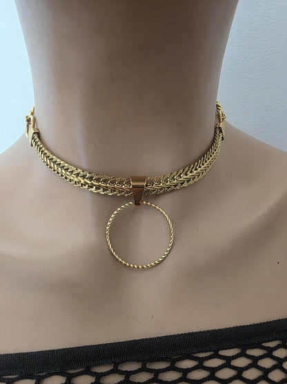 Gold Plated Steel Day Collar Choker Necklace, Bold Style, Permanent Locking Option - Couples Devotion Jewelry