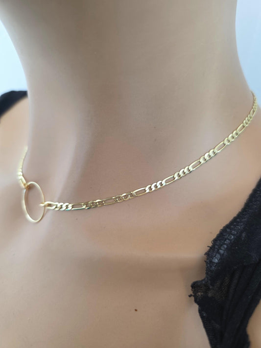 14k Gold Vermeil Over Sterling Silver Elegant Figaro Chain Day Collar Ring Necklace, Devotion Luxury Fine Jewelry