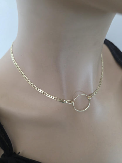 14k Gold Vermeil Over Sterling Silver Elegant Figaro Chain Day Collar Ring Necklace, Devotion Luxury Fine Jewelry