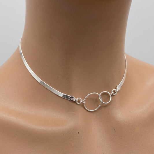 Sterling Silver Eternity Rings Day Collar Choker Necklace on 3mm Herringbone Chain - Committment Jewelry