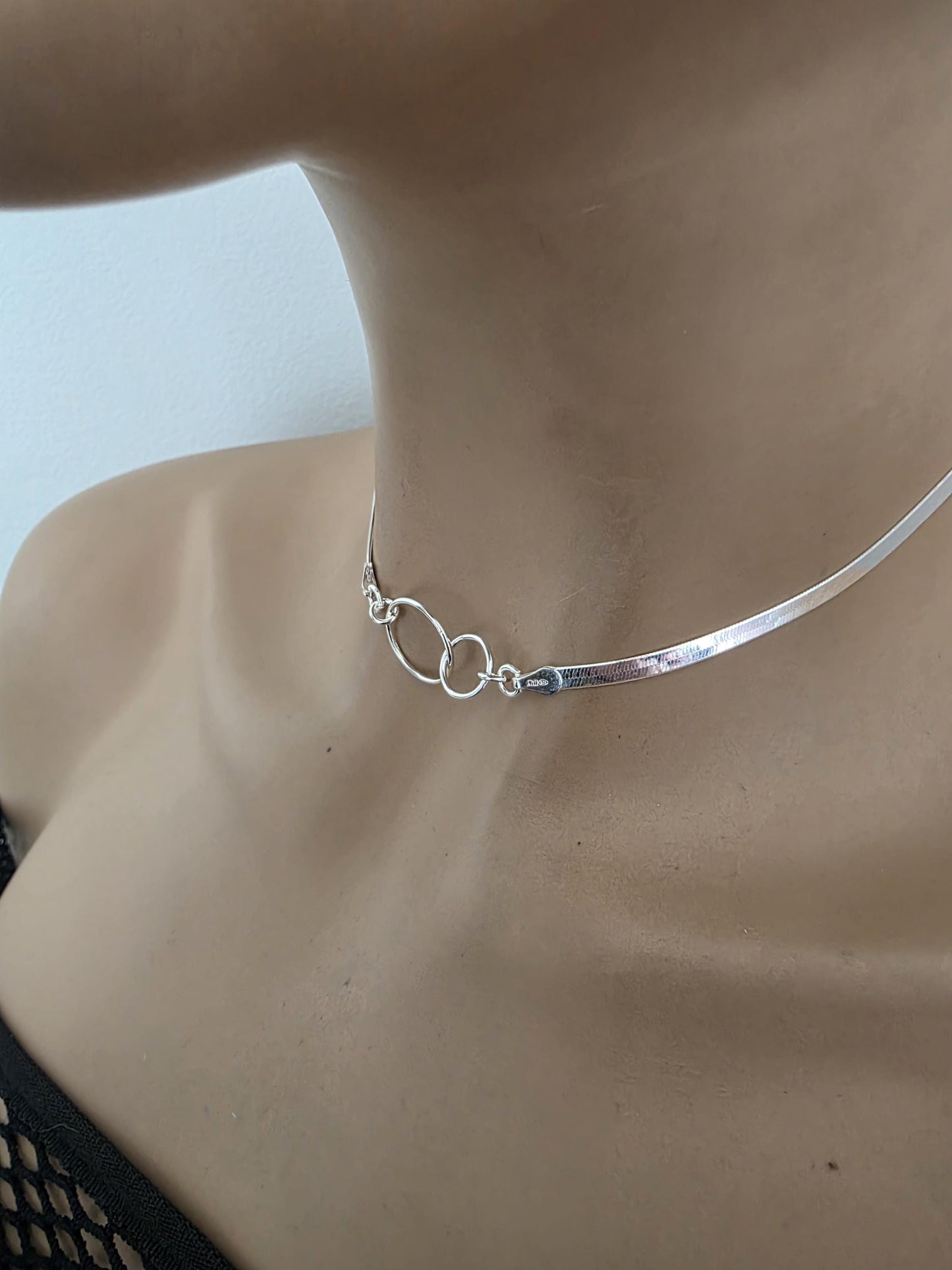 Sterling Silver Eternity Rings Day Collar Choker Necklace on 3mm Herringbone Chain - Committment Jewelry