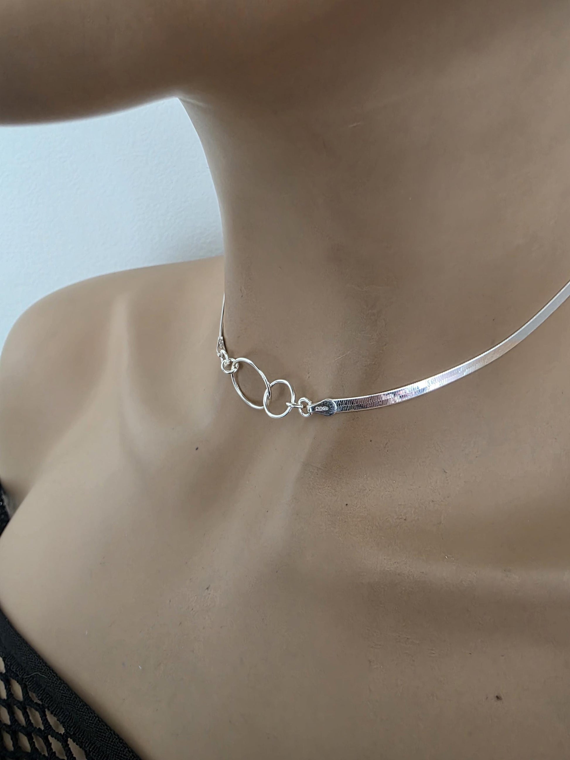Sterling Silver Eternity Rings Day Collar Choker Necklace on 3mm Herringbone Chain - Committment Jewelry