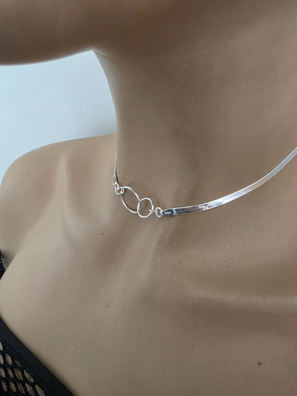 Sterling Silver Eternity Rings Day Collar Choker Necklace on 3mm Herringbone Chain - Committment Jewelry