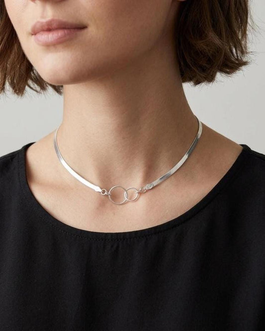 Sterling Silver Eternity Rings Day Collar Choker Necklace on 3mm Herringbone Chain - Committment Jewelry