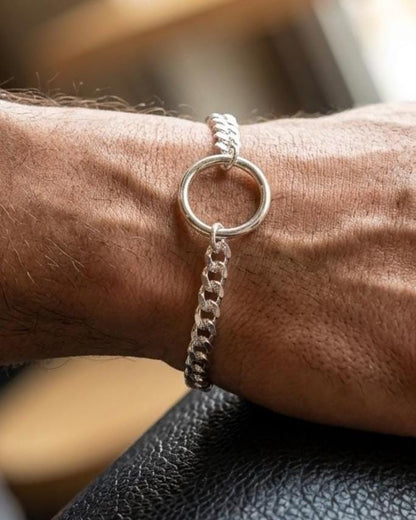 Sterling Silver Masc Style Day Collar O Ring Bracelet with Lock & Key Clasp - Partner Commitment Jewelry