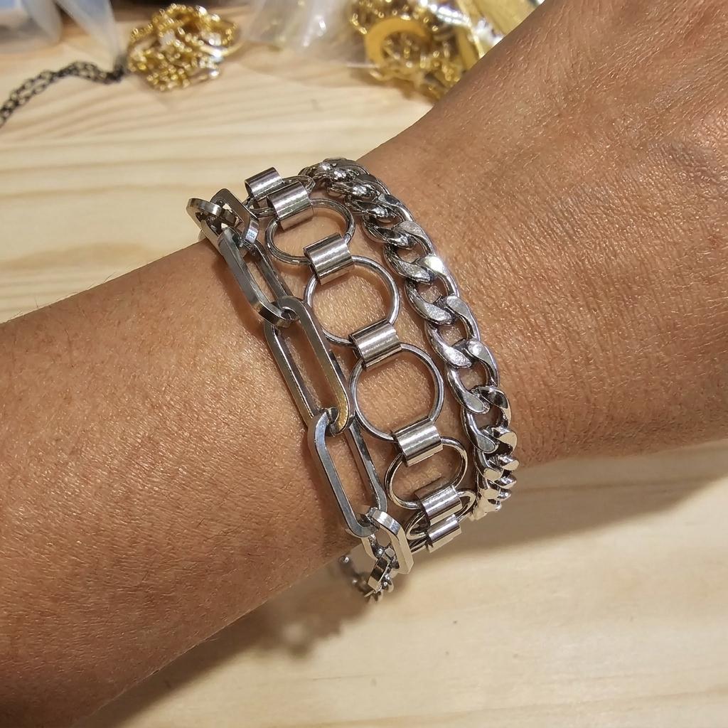 Layered Steel Multi-Strand Chunky Edgy Statement Wrap Bracelet - Adjustable 6 to 9 inches