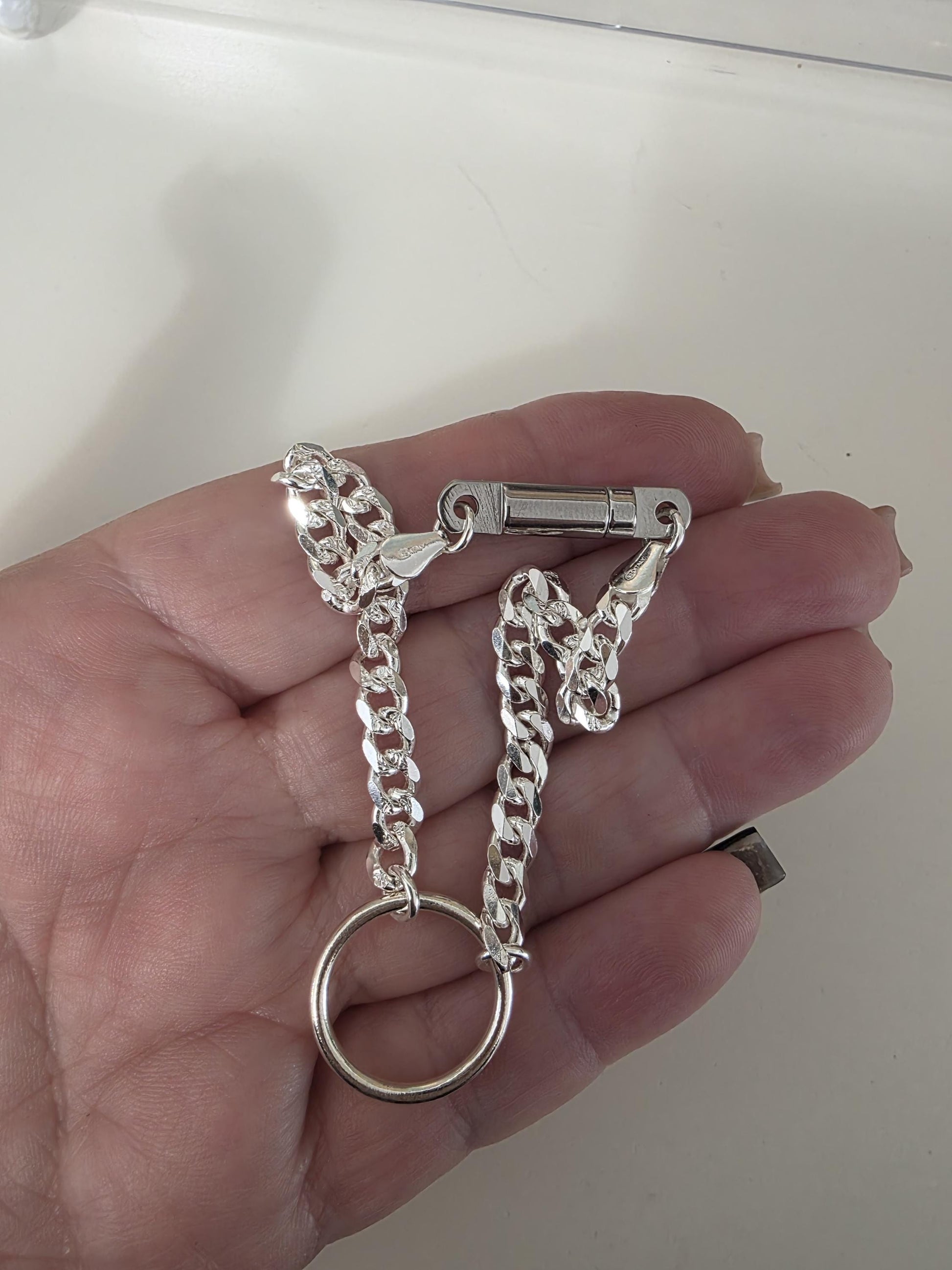 Sterling Silver Masc Style Day Collar O Ring Bracelet with Lock & Key Clasp - Partner Commitment Jewelry