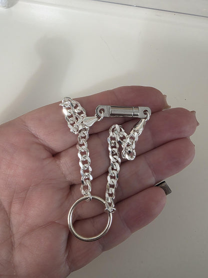 Sterling Silver Masc Style Day Collar O Ring Bracelet with Lock & Key Clasp - Partner Commitment Jewelry