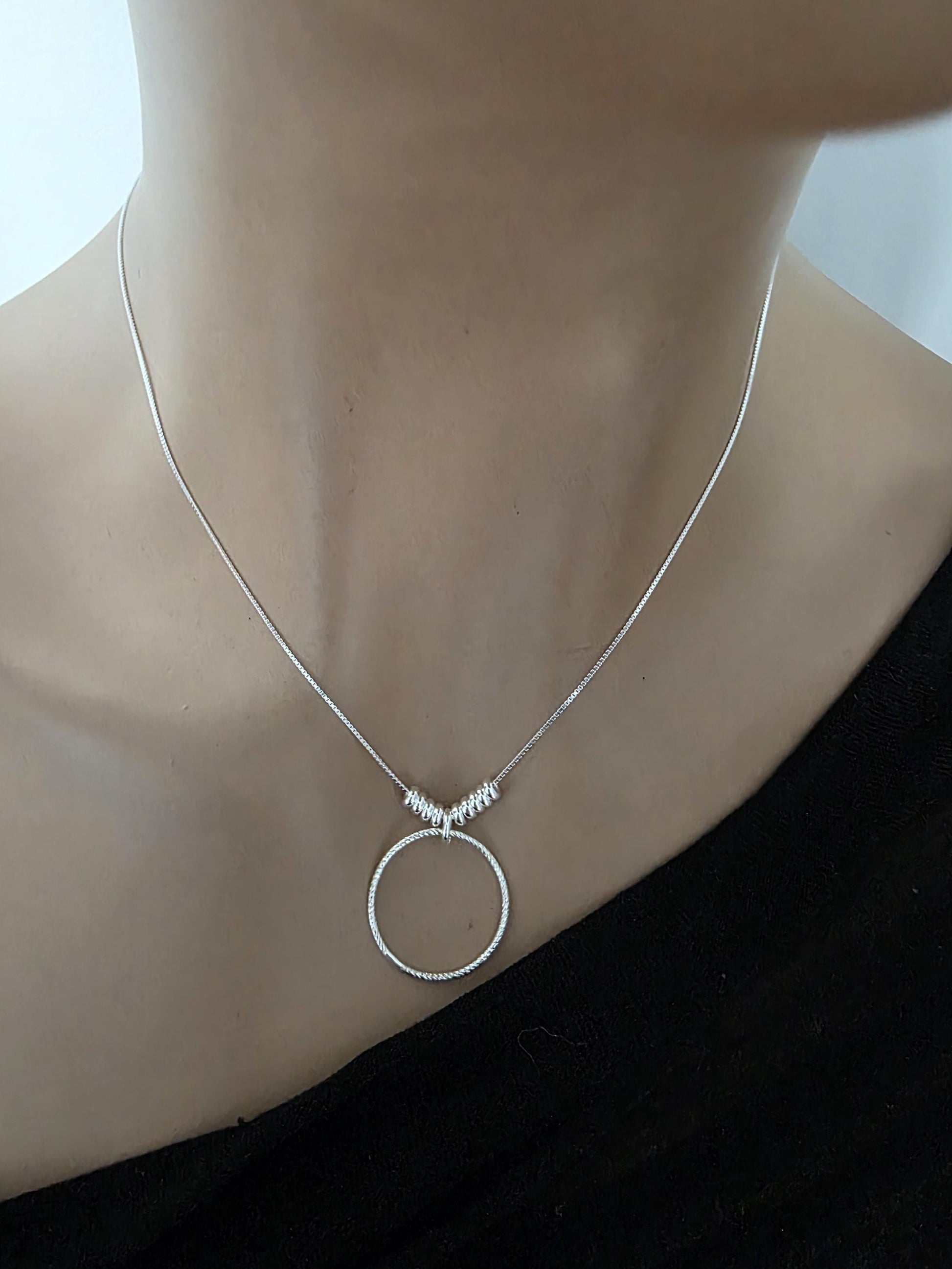 Sterling Silver Beaded Snake Chain Wabi-Sabi Eternity O Ring Day Collar Style Necklace - Luxury Commitment Jewelry