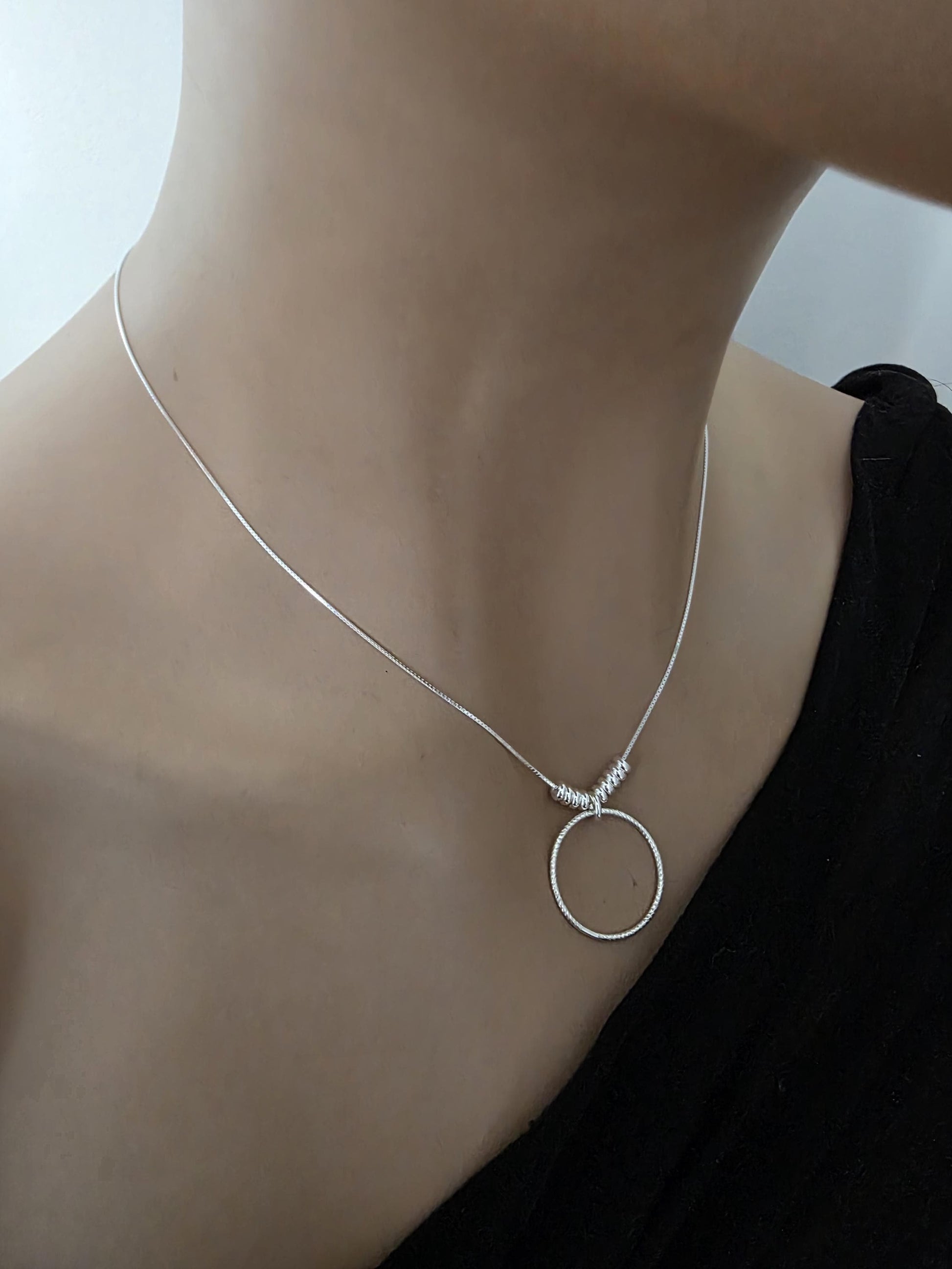 Sterling Silver Beaded Snake Chain Wabi-Sabi Eternity O Ring Day Collar Style Necklace - Luxury Commitment Jewelry