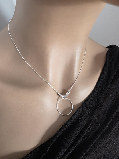 Sterling Silver Beaded Snake Chain Wabi-Sabi Eternity O Ring Day Collar Style Necklace - Luxury Commitment Jewelry
