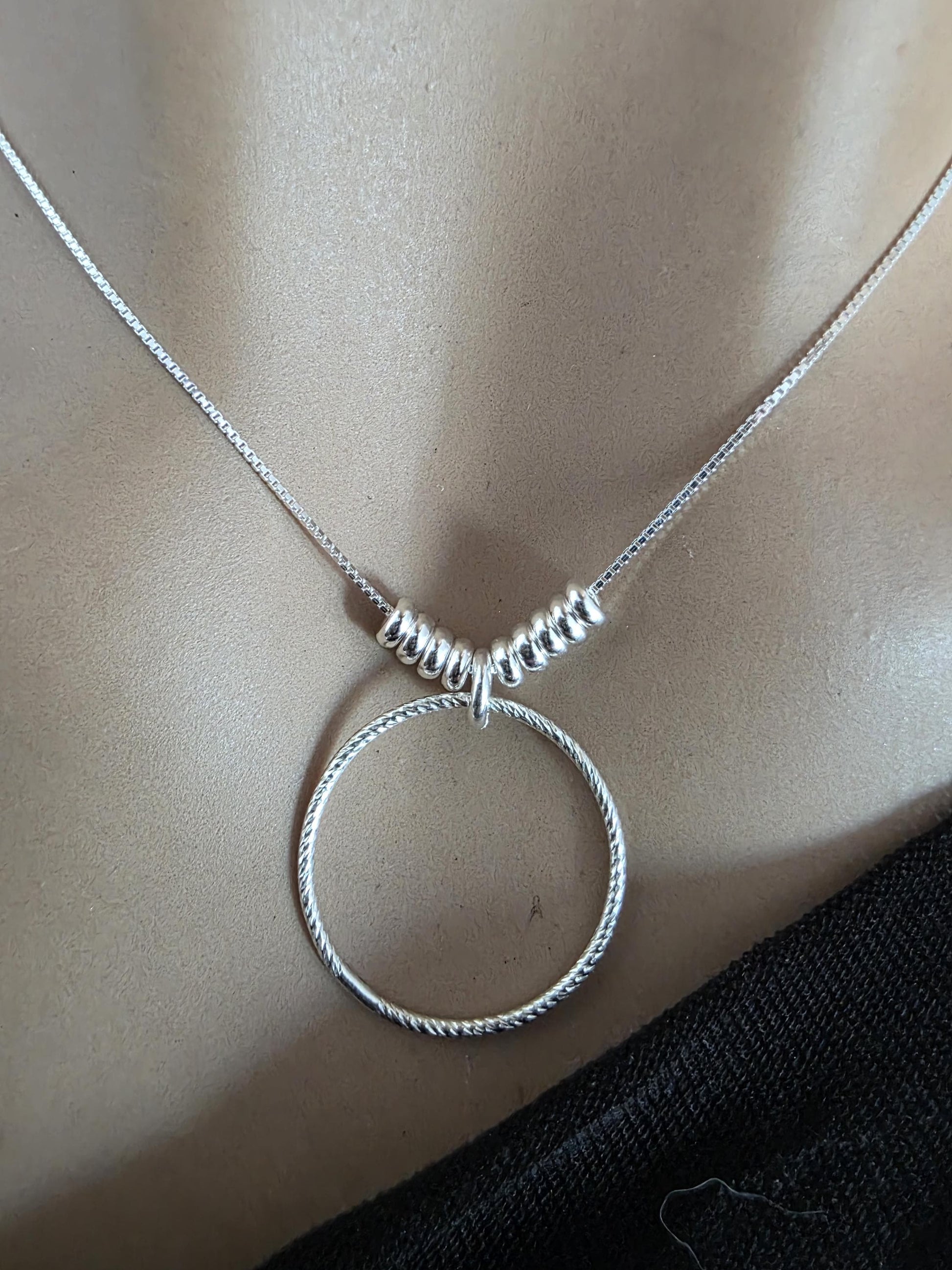 Sterling Silver Beaded Snake Chain Wabi-Sabi Eternity O Ring Day Collar Style Necklace - Luxury Commitment Jewelry