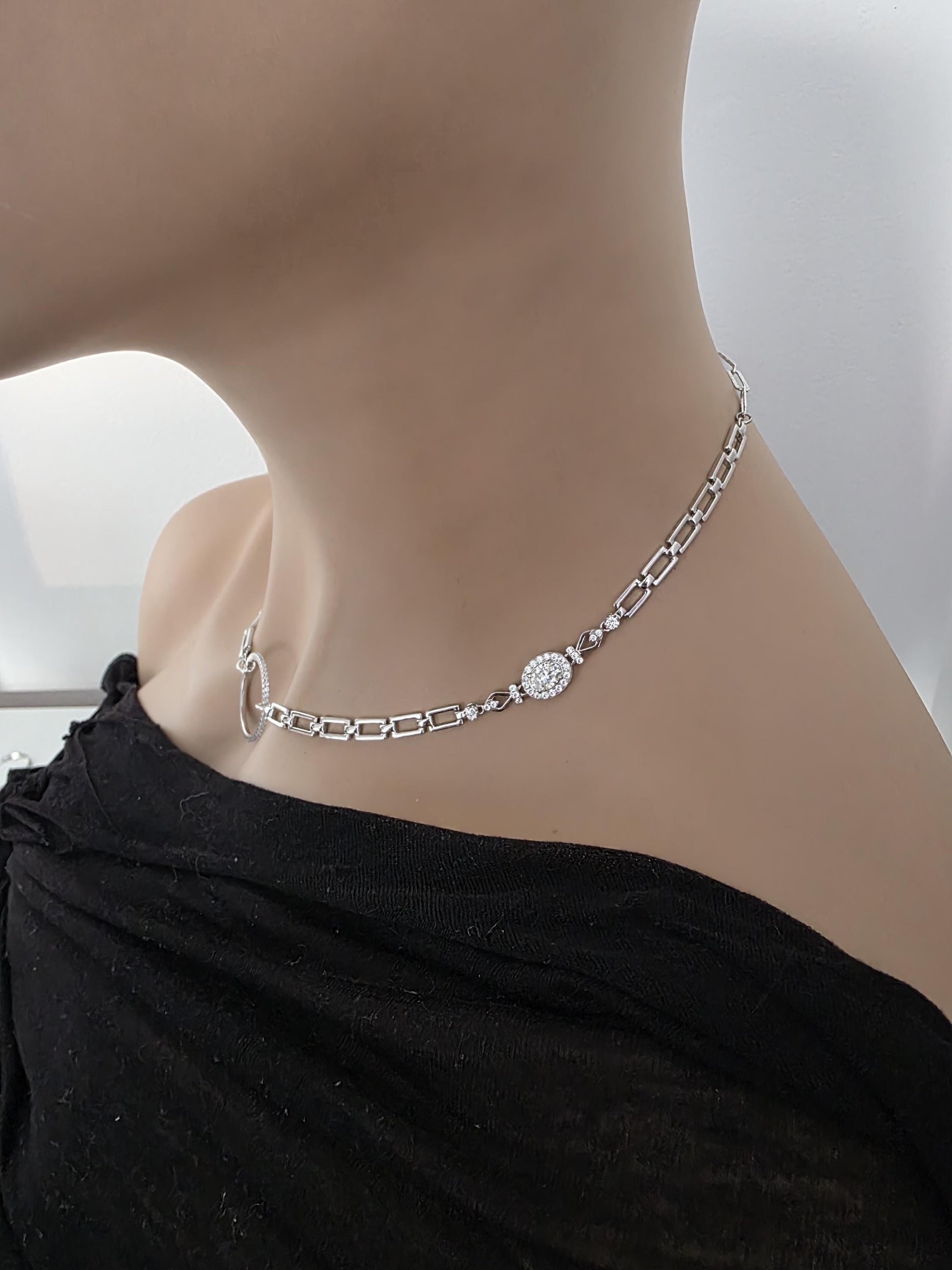 Moissanite & Rhodium Plated Sterling Silver Day Collar Choker Neckace, Highest Grade, Certificate Included, Romantic Devotion Jewelry