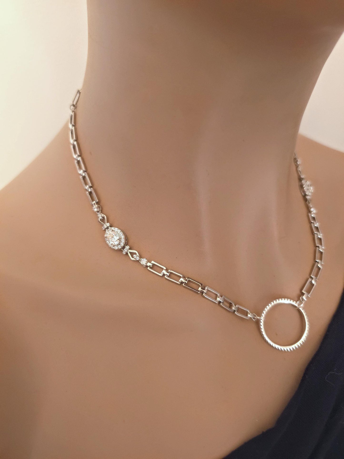 Moissanite & Rhodium Plated Sterling Silver Day Collar Choker Neckace, Highest Grade, Certificate Included, Romantic Devotion Jewelry