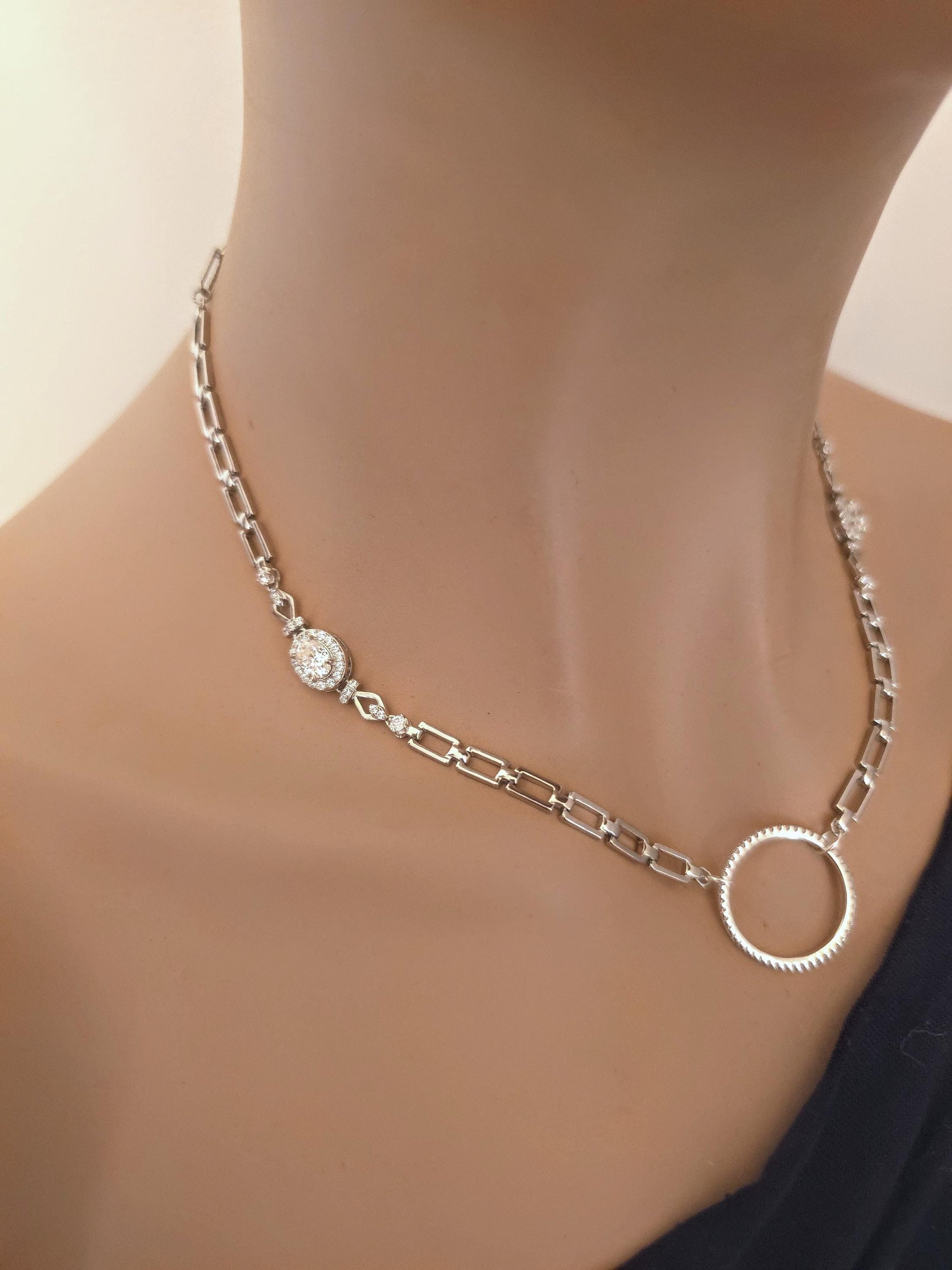 Moissanite & Rhodium Plated Sterling Silver Day Collar Choker Neckace, Highest Grade, Certificate Included, Romantic Devotion Jewelry
