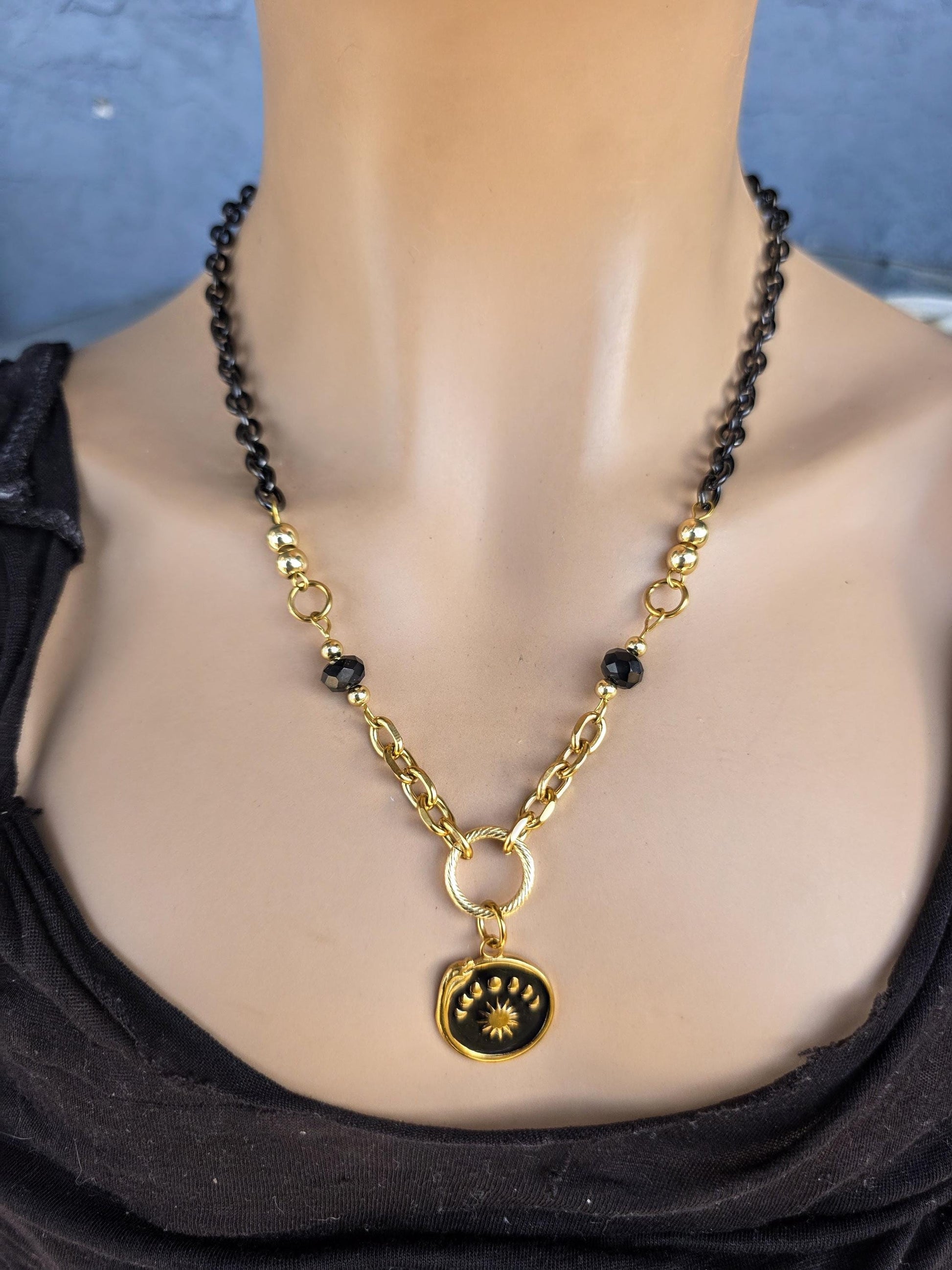 Gold Onyx Layered Multi Strand Chunky Necklace Stack Set - Handmade statement jewelry