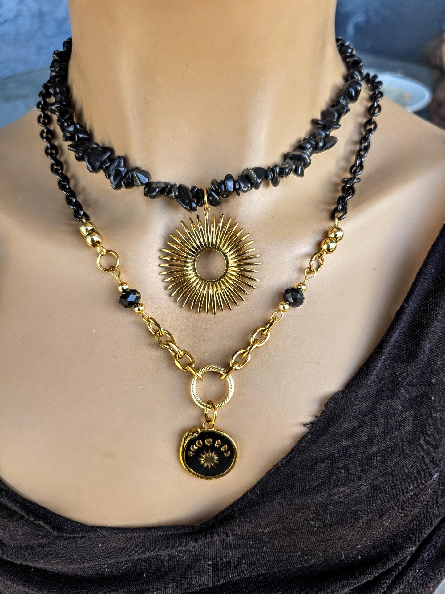 Gold Onyx Layered Multi Strand Chunky Necklace Stack Set - Handmade statement jewelry
