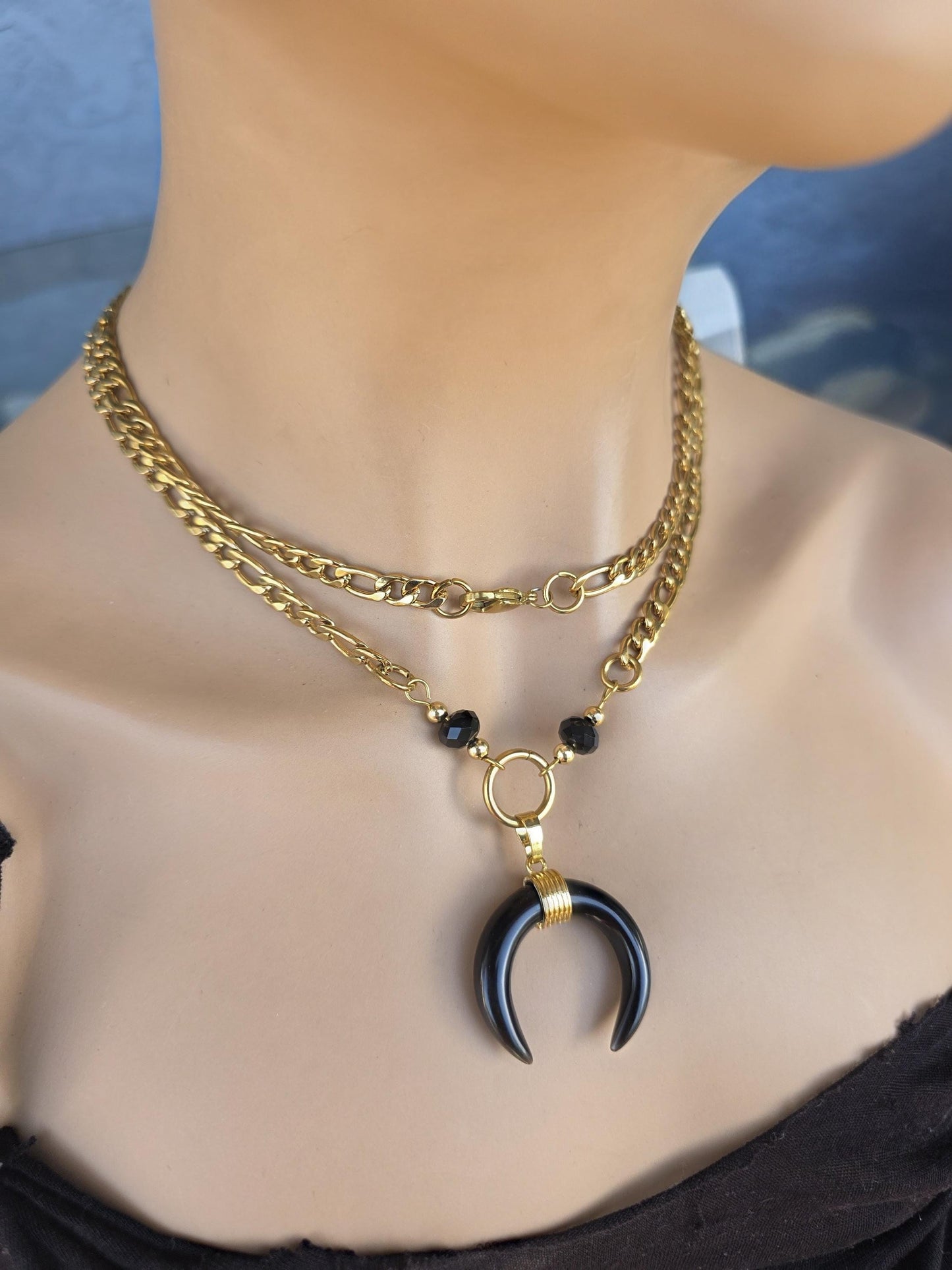Gold Onyx Layered Multi Strand Chunky Necklace Stack Set - Handmade statement jewelry