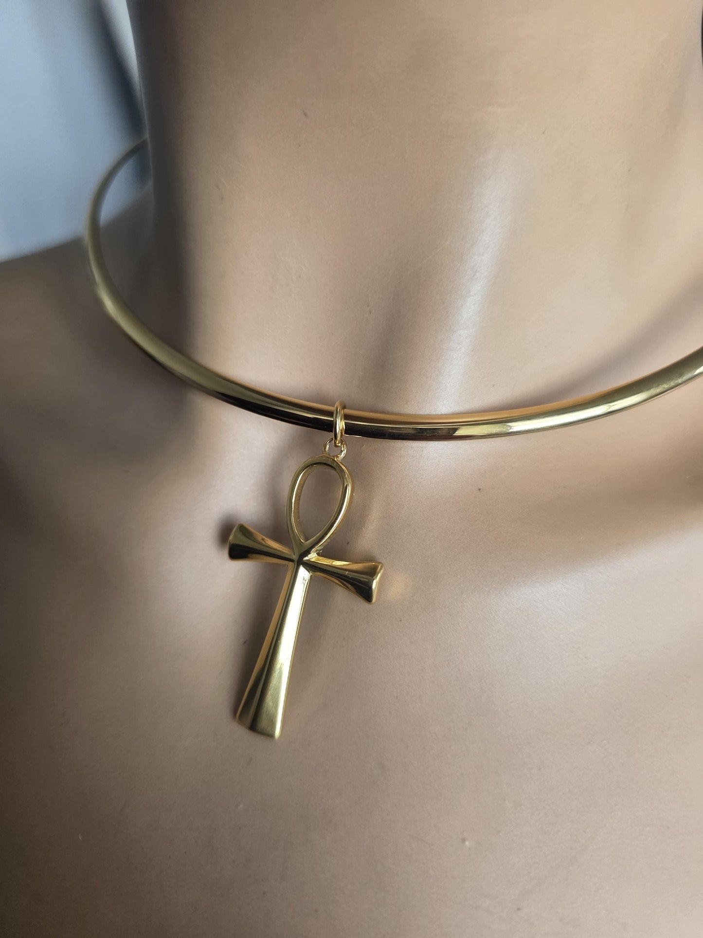 Gold Rigid Ankh Pendant Choker Collar Necklace, UniqueProtection Jewelry