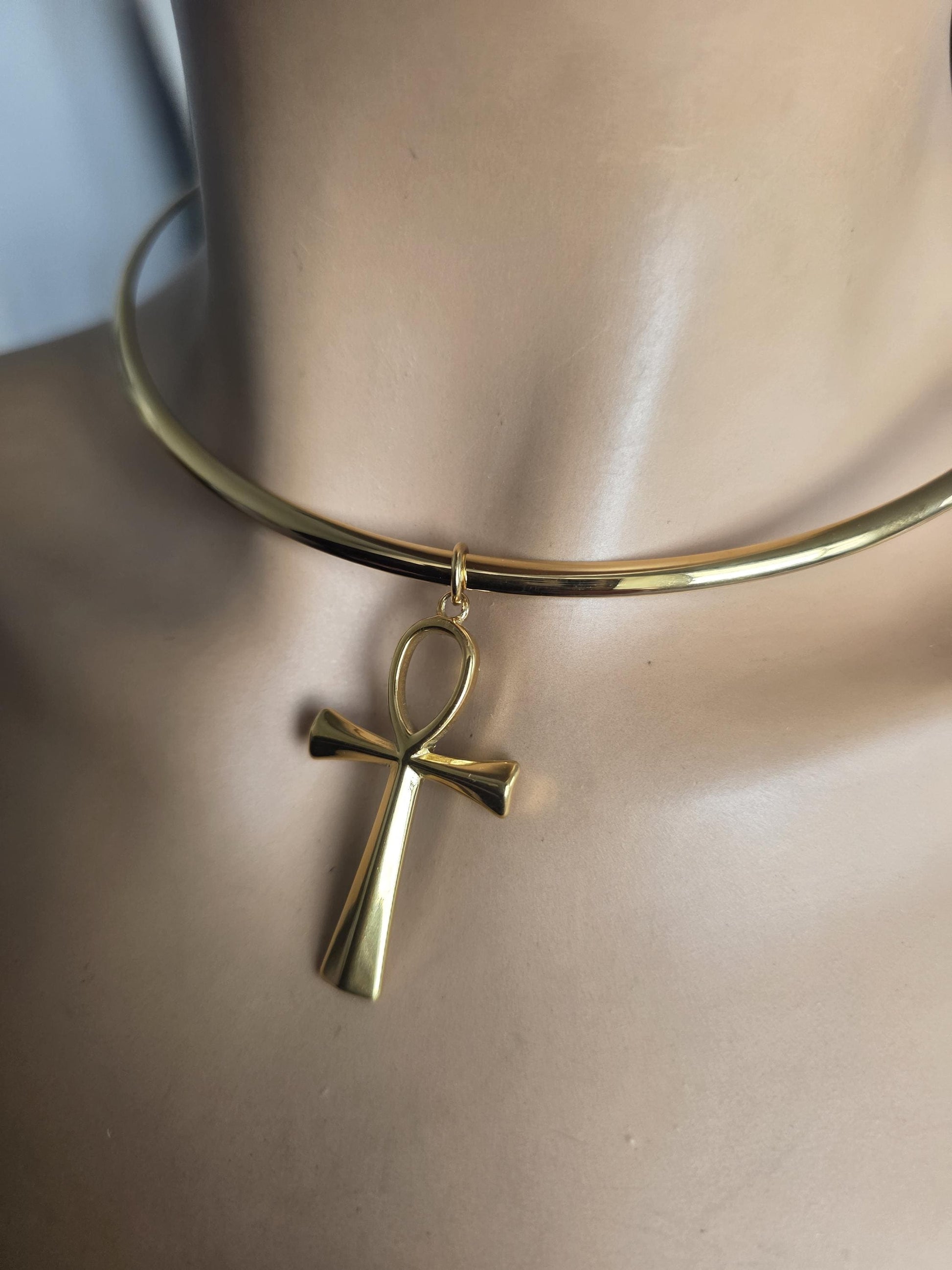 Gold Rigid Ankh Pendant Choker Collar Necklace, UniqueProtection Jewelry