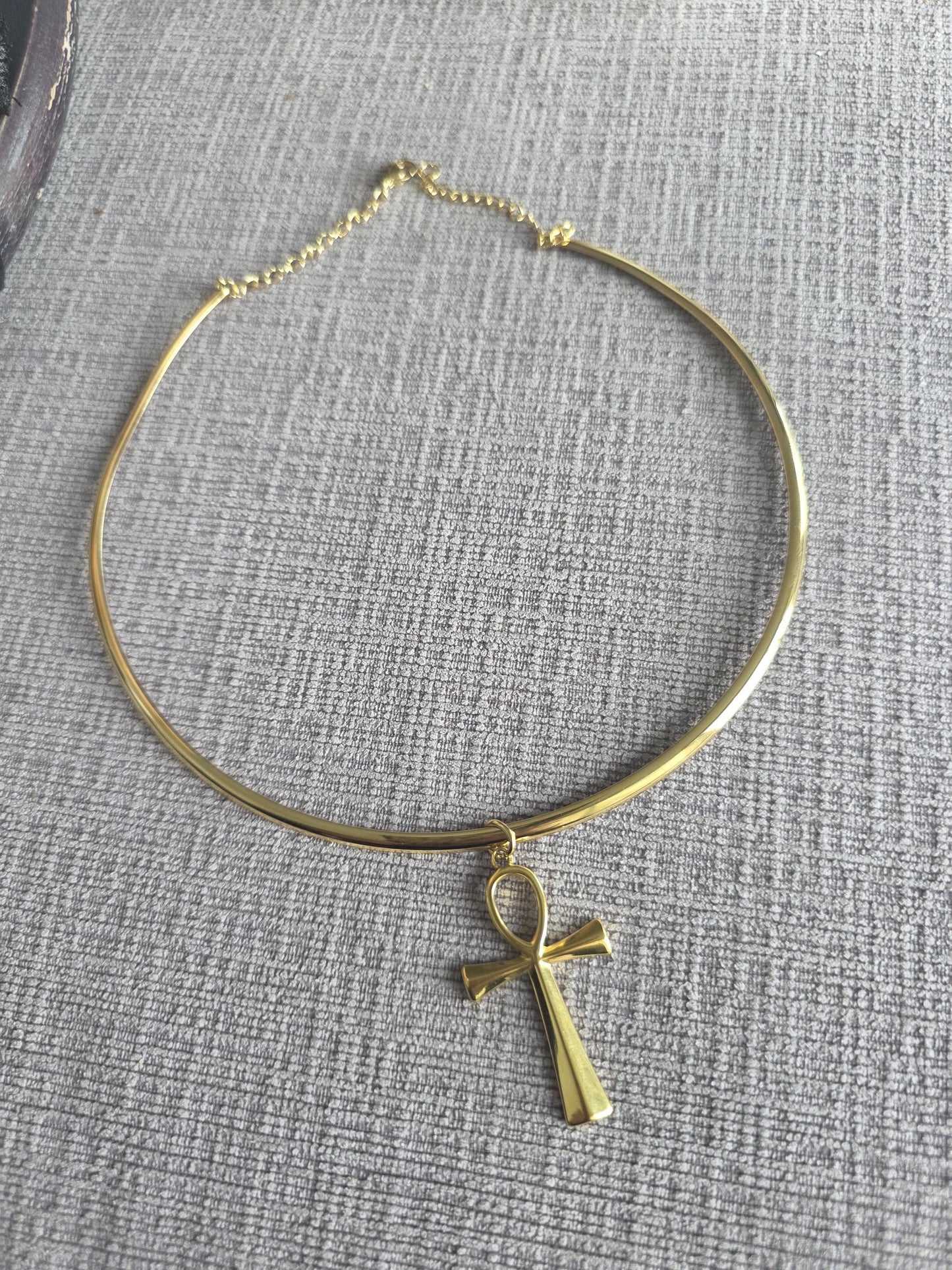 Gold Rigid Ankh Pendant Choker Collar Necklace, UniqueProtection Jewelry