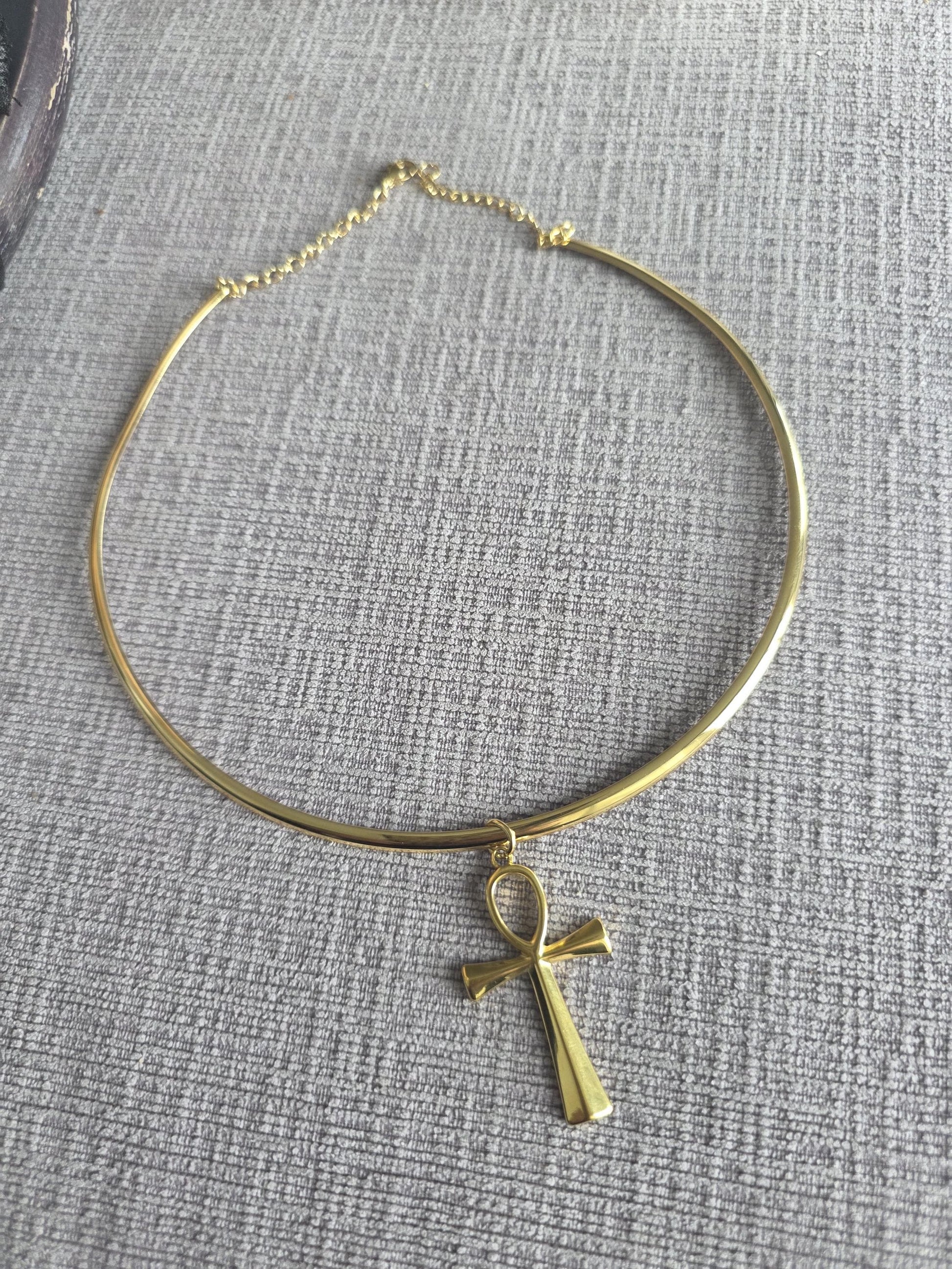 Gold Rigid Ankh Pendant Choker Collar Necklace, UniqueProtection Jewelry