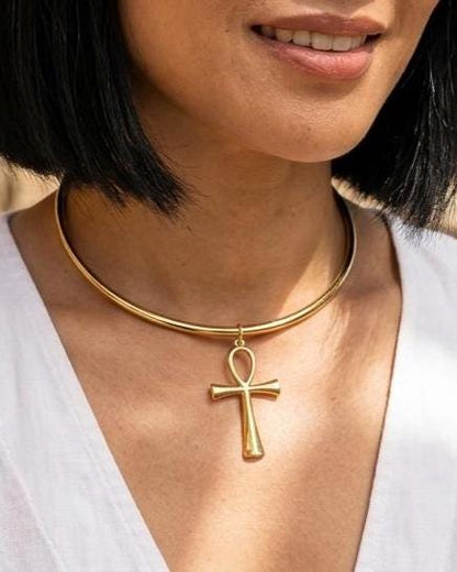 Gold Rigid Ankh Pendant Choker Collar Necklace, UniqueProtection Jewelry
