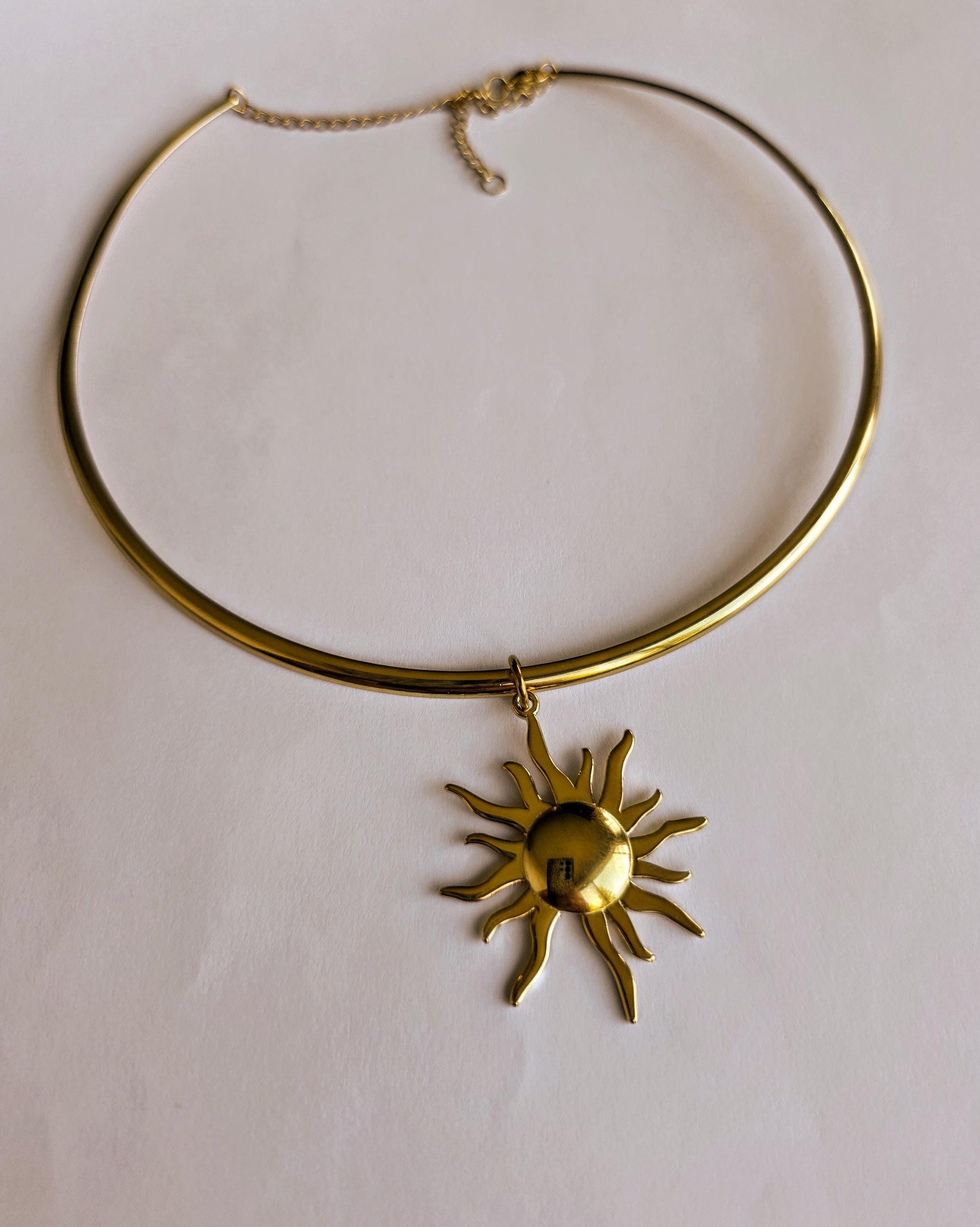 Gold Sun Rigid Pendant Choker Collar Necklace, Unique Celestial Earth Jewelry