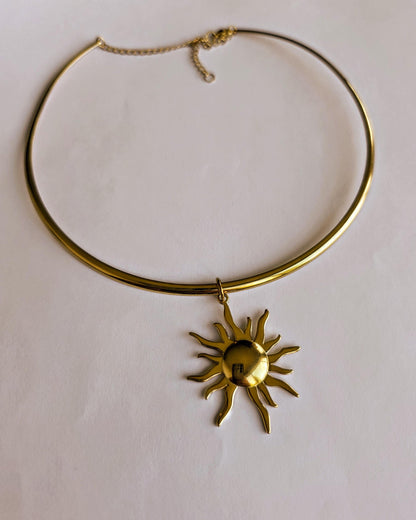 Gold Sun Rigid Pendant Choker Collar Necklace, Unique Celestial Earth Jewelry