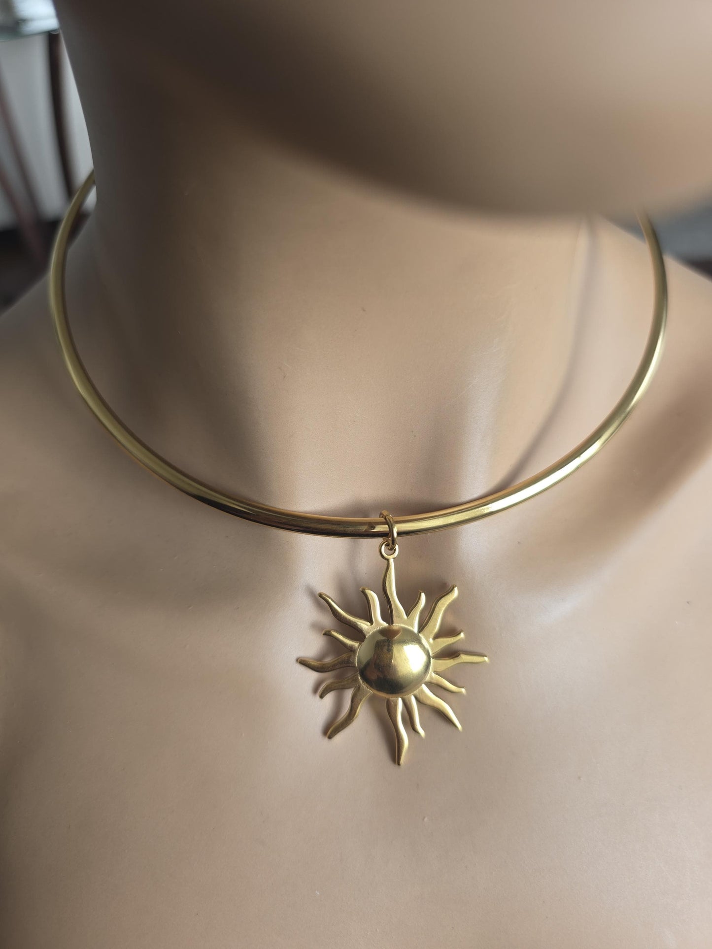 Gold Sun Rigid Pendant Choker Collar Necklace, Unique Celestial Earth Jewelry