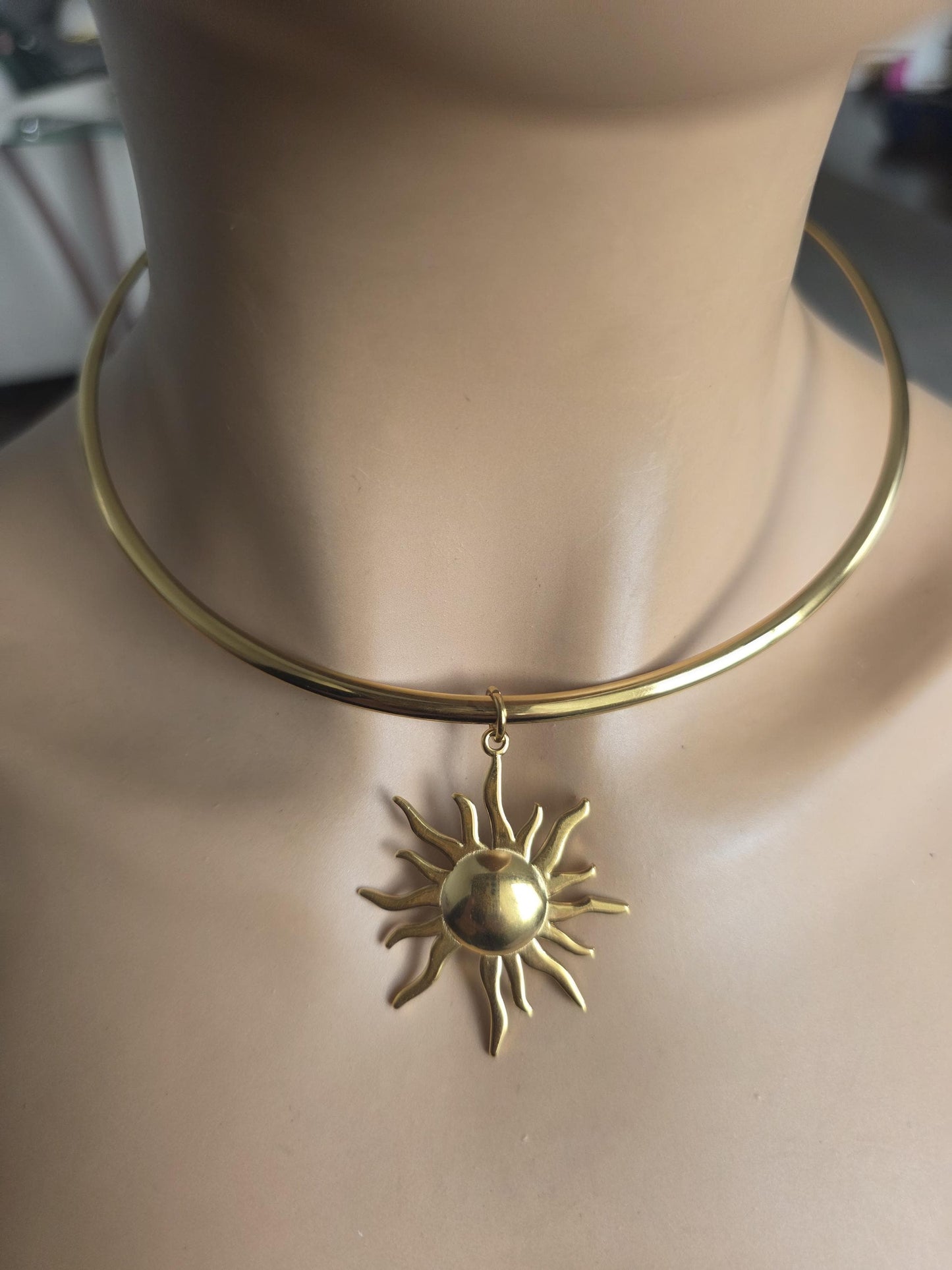 Gold Sun Rigid Pendant Choker Collar Necklace, Unique Celestial Earth Jewelry