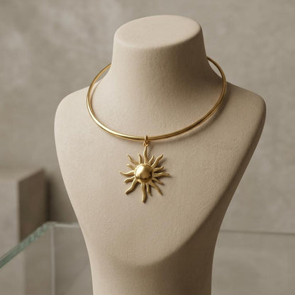 Gold Sun Rigid Pendant Choker Collar Necklace, Unique Celestial Earth Jewelry