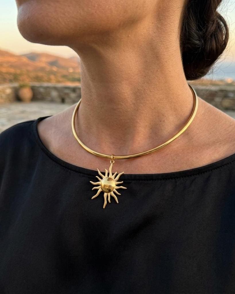 Gold Sun Rigid Pendant Choker Collar Necklace, Unique Celestial Earth Jewelry