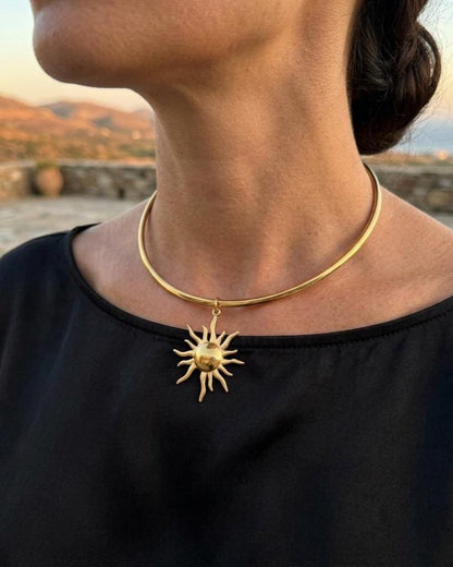 Gold Sun Rigid Pendant Choker Collar Necklace, Unique Celestial Earth Jewelry