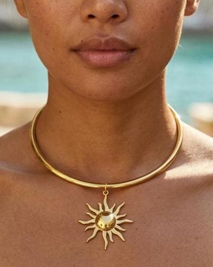Gold Sun Rigid Pendant Choker Collar Necklace, Unique Celestial Earth Jewelry