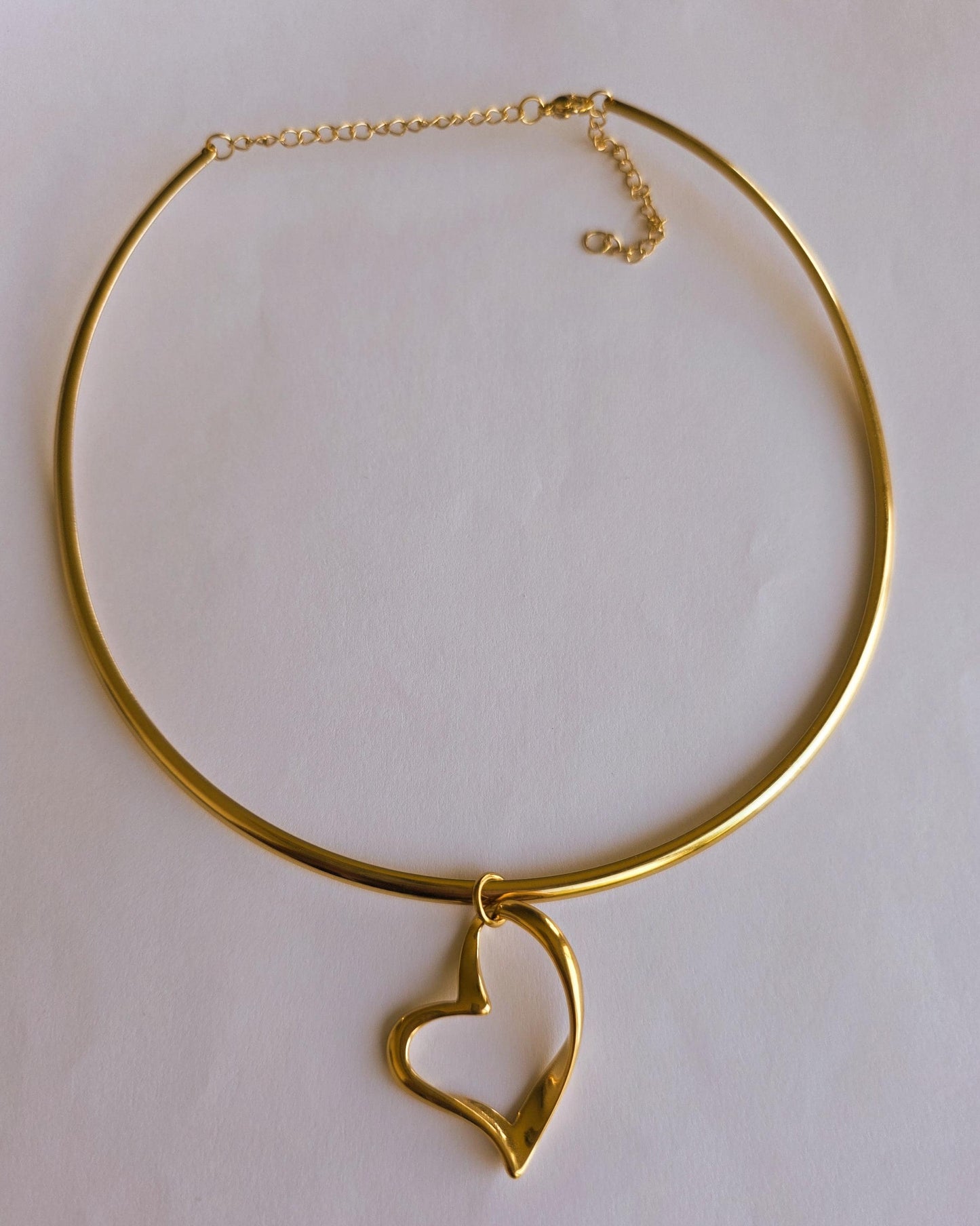 Gold Rigid Heart Pendant Choker Collar Necklace, Unique Jewelry