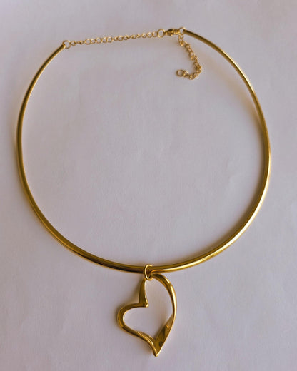 Gold Rigid Heart Pendant Choker Collar Necklace, Unique Jewelry