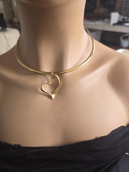 Gold Rigid Heart Pendant Choker Collar Necklace, Unique Jewelry