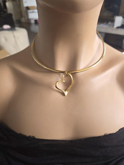 Gold Rigid Heart Pendant Choker Collar Necklace, Unique Jewelry