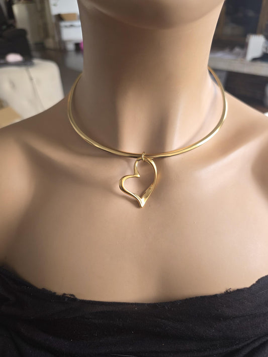 Gold Rigid Heart Pendant Choker Collar Necklace, Unique Jewelry
