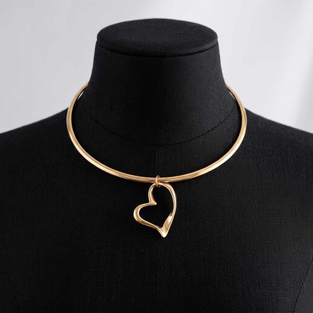Gold Rigid Heart Pendant Choker Collar Necklace, Unique Jewelry