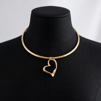Gold Rigid Heart Pendant Choker Collar Necklace, Unique Jewelry
