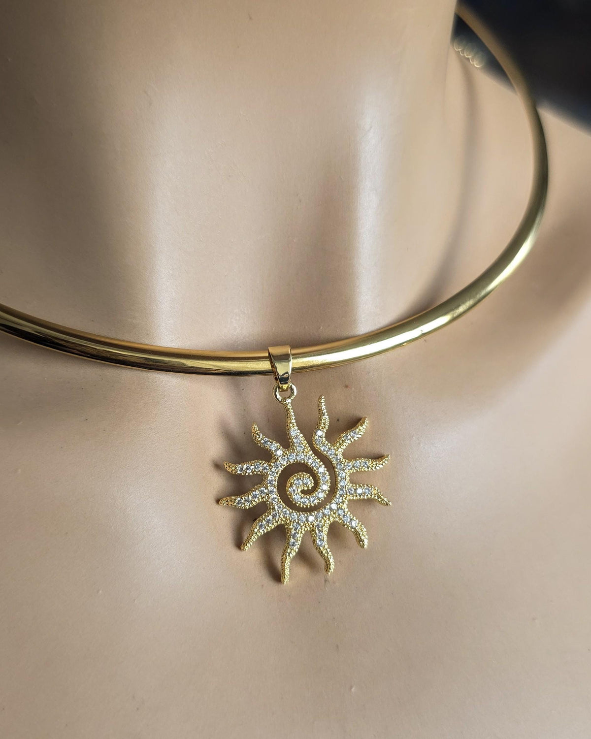 Gold Plated Steel Sun Cubic Zirconia Rigid Pendant Choker Collar Necklace, Unique Celestial Earth Jewelry