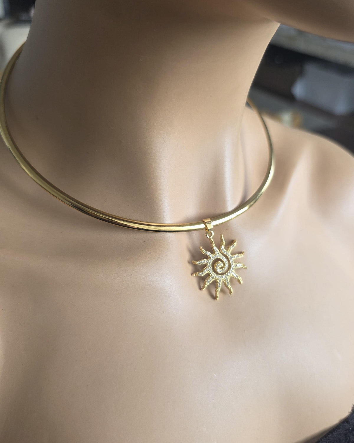 Gold Plated Steel Sun Cubic Zirconia Rigid Pendant Choker Collar Necklace, Unique Celestial Earth Jewelry