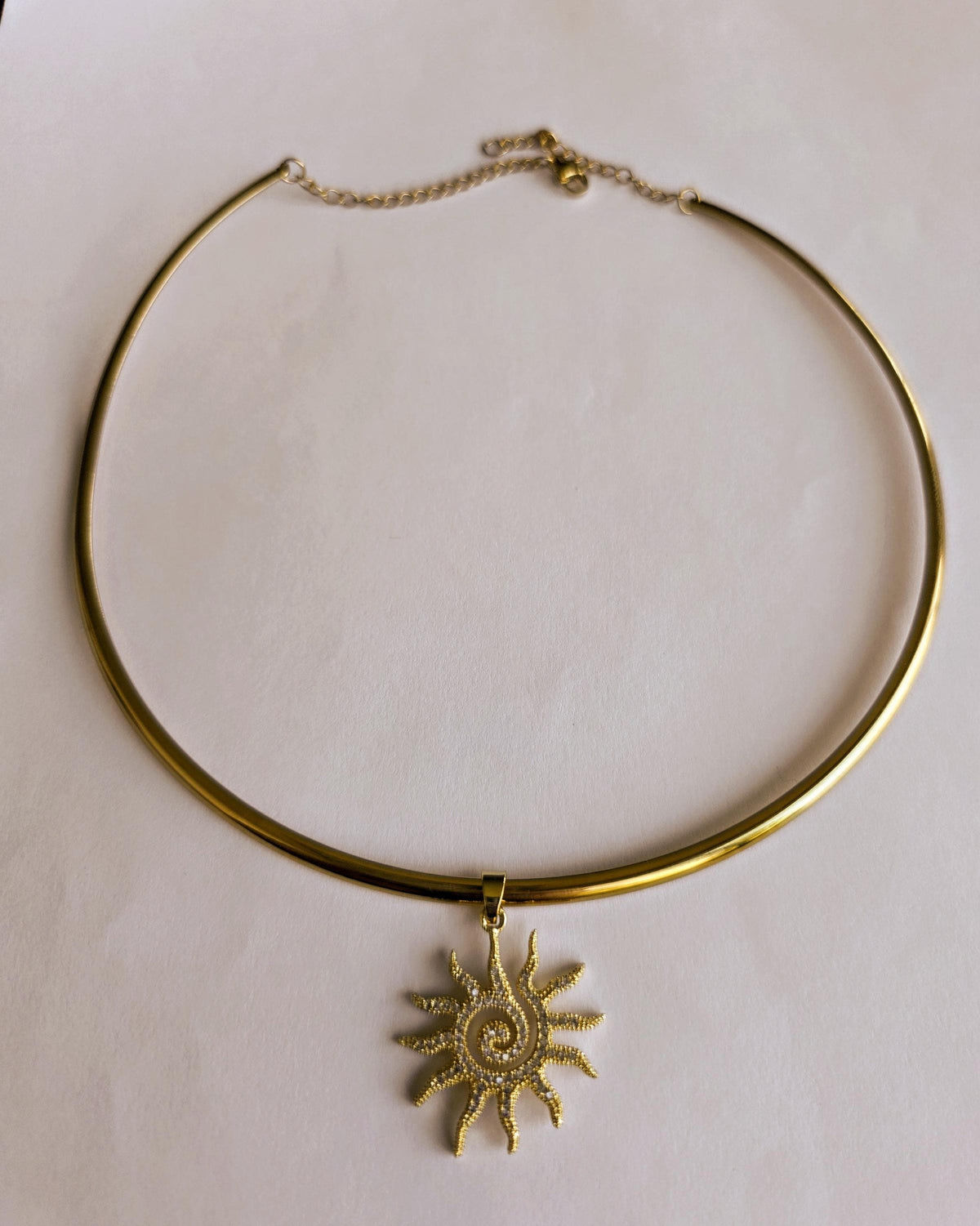 Gold Plated Steel Sun Cubic Zirconia Rigid Pendant Choker Collar Necklace, Unique Celestial Earth Jewelry
