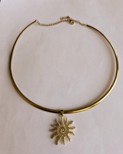 Gold Plated Steel Sun Cubic Zirconia Rigid Pendant Choker Collar Necklace, Unique Celestial Earth Jewelry