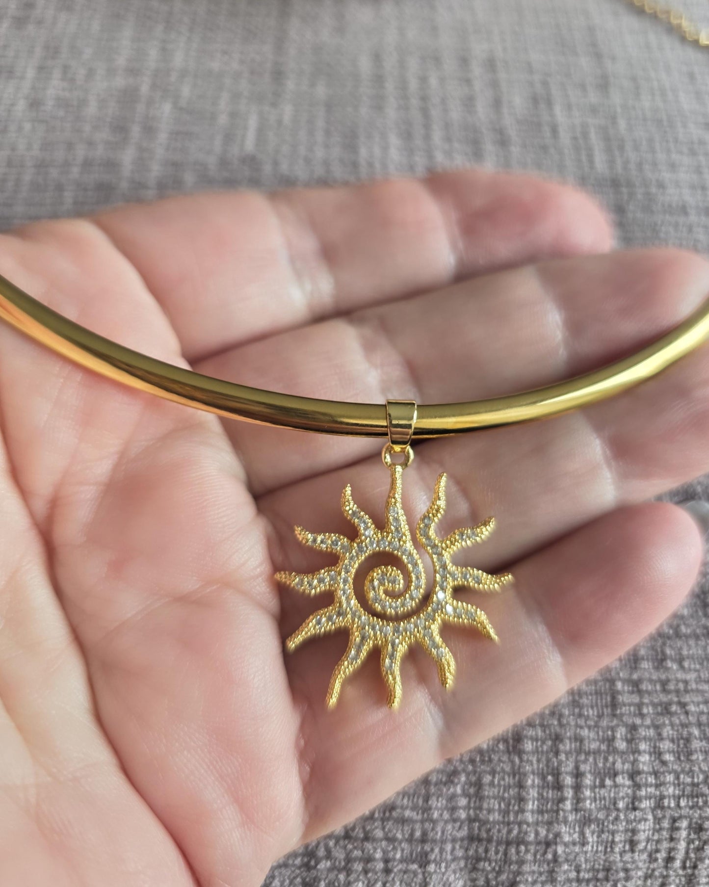 Gold Plated Steel Sun Cubic Zirconia Rigid Pendant Choker Collar Necklace, Unique Celestial Earth Jewelry
