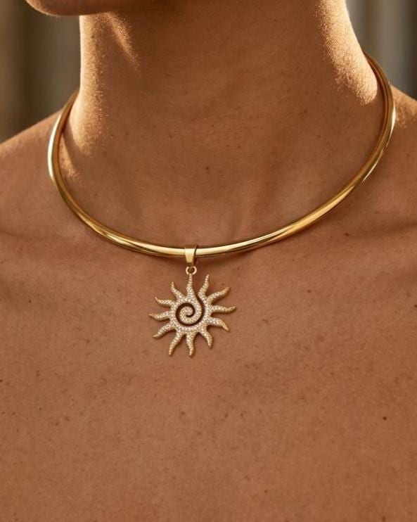 Gold Plated Steel Sun Cubic Zirconia Rigid Pendant Choker Collar Necklace, Unique Celestial Earth Jewelry