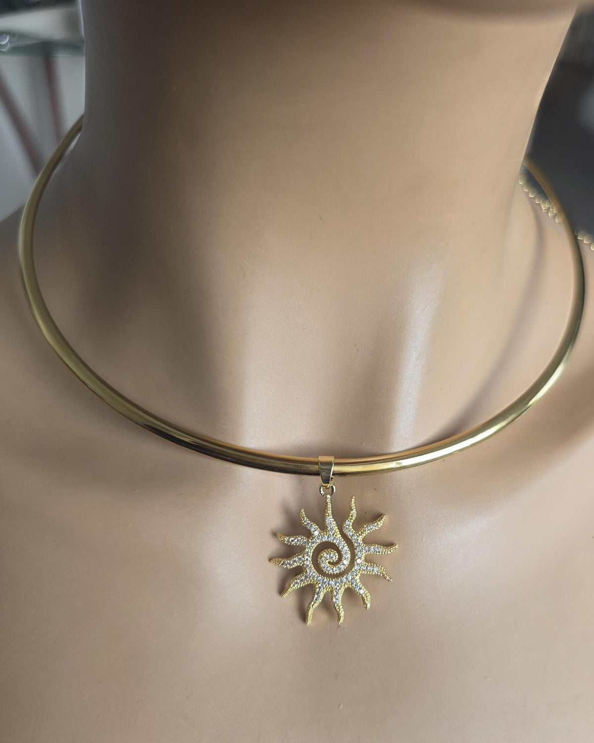 Gold Plated Steel Sun Cubic Zirconia Rigid Pendant Choker Collar Necklace, Unique Celestial Earth Jewelry